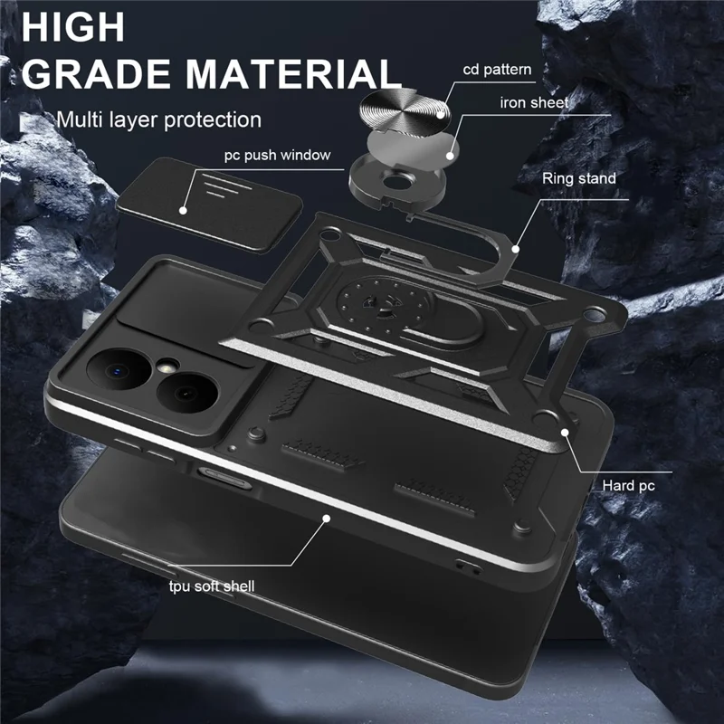 For Huawei Nova Y73 4G Case with Slide Camera Lid PC + TPU Kickstand Phone Cover - Black