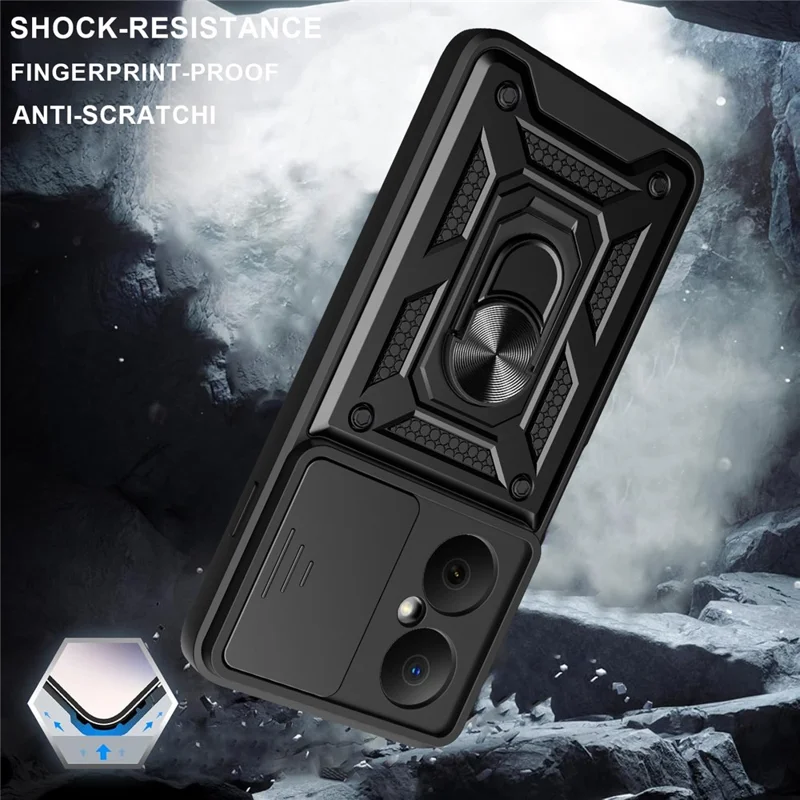 For Huawei Nova Y73 4G Case with Slide Camera Lid PC + TPU Kickstand Phone Cover - Black