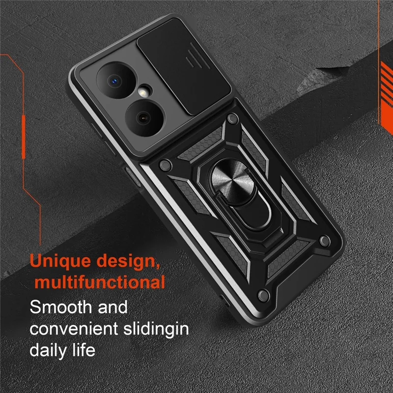 For Huawei Nova Y73 4G Case with Slide Camera Lid PC + TPU Kickstand Phone Cover - Black