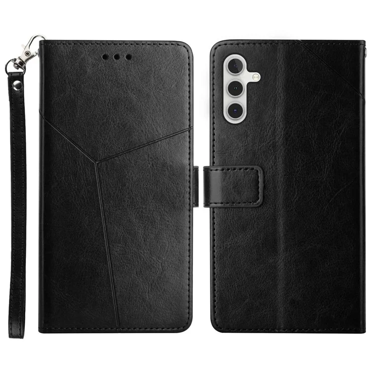 Para Samsung Galaxy A14 5G HT01 PU Líneas de Cuero Impresas en Forma de y Case de Teléfonos Anti-drop Willet Cover With Strap - Negro