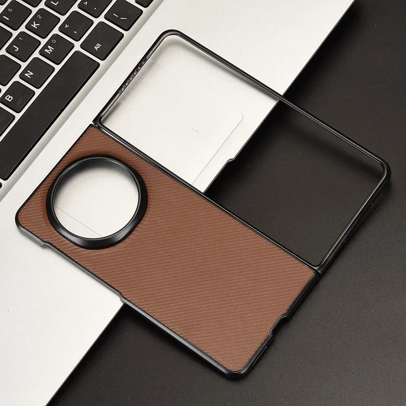 For Honor Magic V5 5G Case Carbon Fiber Texture Shockproof PU + PC Phone Cover - Brown