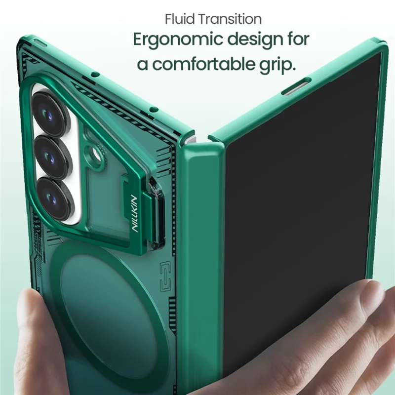 NILLKIN Iceblade Prop Pour Samsung Galaxy Z Fold7 5G Coque Compatible avec MagSafe Cadre d'Objectif Support Béquille PC + TPU Étui de Téléphone - Vert