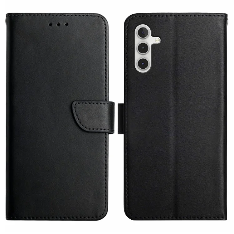Для Samsung Galaxy A14 5G / A14 4G HT02 Nappa Texture Phone Stand Case Genuine Leather TPU Wallet Folio Flip Cover - Черный