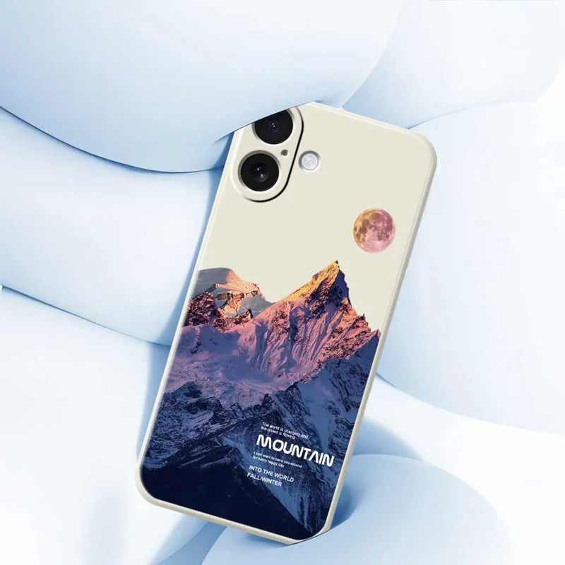For iPhone 17 Case Blue Snow Mountain Pattern Printing Straight Edge TPU Phone Back Cover - Beige