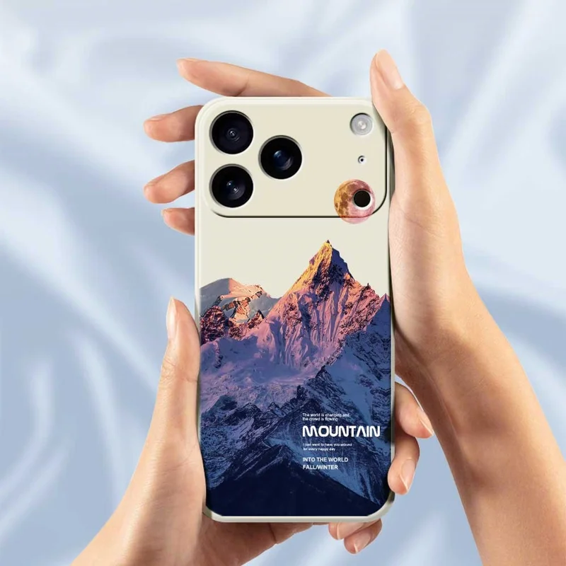 For iPhone 17 Pro Case Blue Snow Mountain Pattern Printing Straight Edge TPU Phone Back Cover - Beige