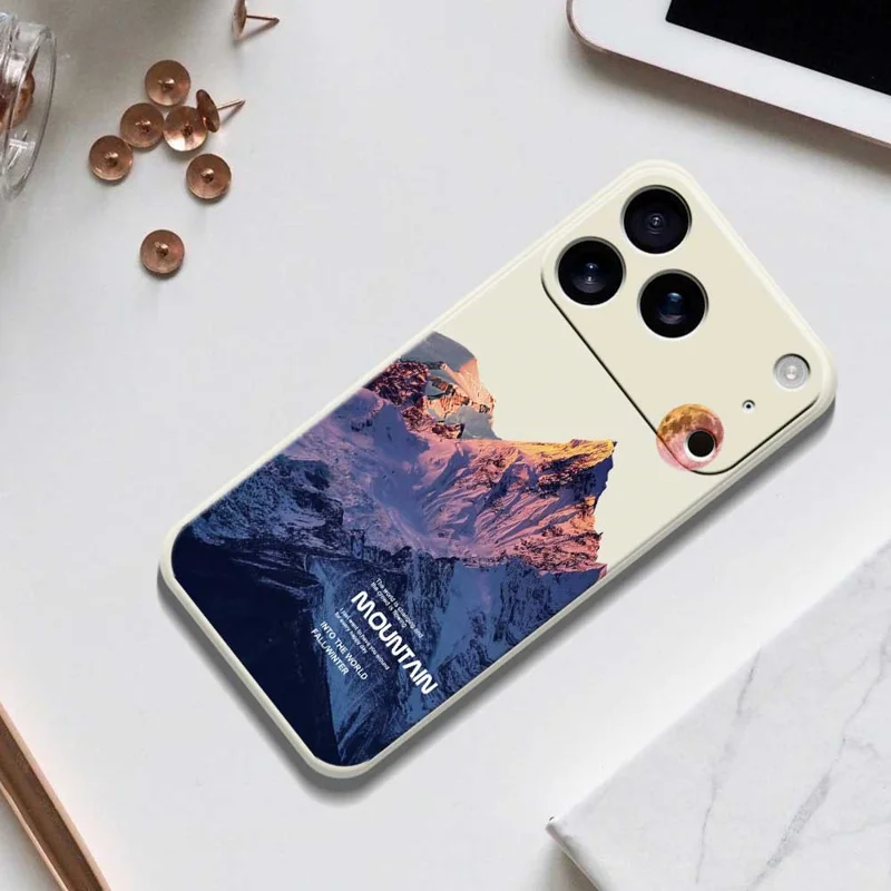 For iPhone 17 Pro Case Blue Snow Mountain Pattern Printing Straight Edge TPU Phone Back Cover - Beige