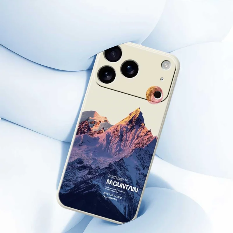 Funda para iPhone 17 Pro Max Patrón de montaña nevada azul Impresión de borde recto Cubierta trasera de teléfono de TPU - Beige