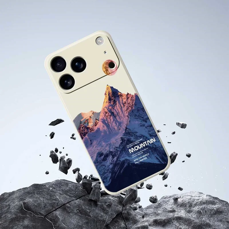 Funda para iPhone 17 Pro Max Patrón de montaña nevada azul Impresión de borde recto Cubierta trasera de teléfono de TPU - Beige