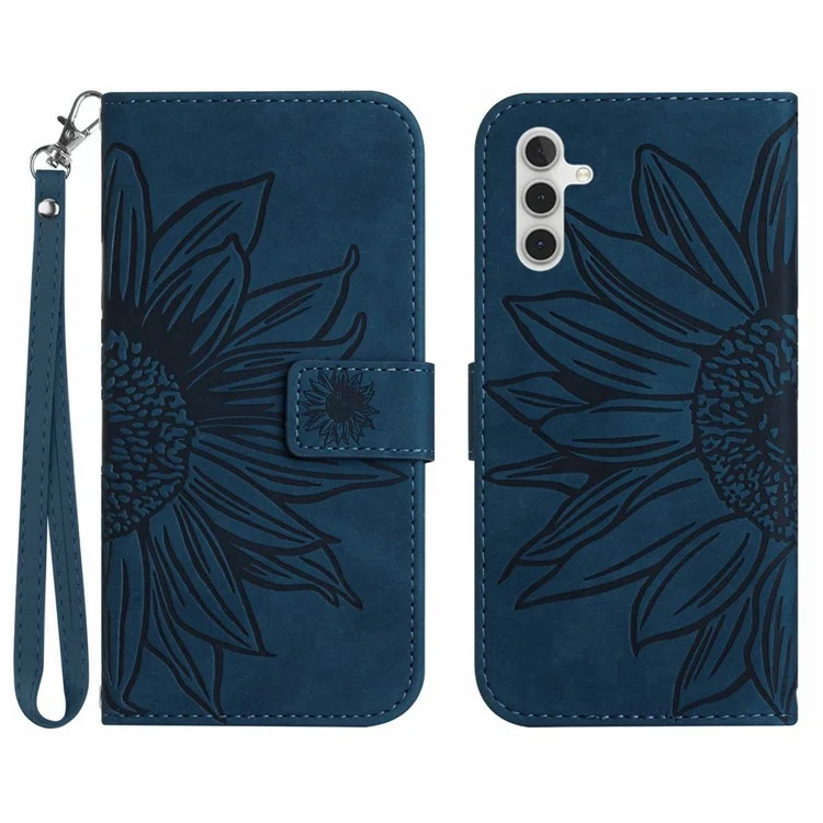 Para Samsung Galaxy A14 5G HT04 Impresión de la Caja Del Touch de la Piel Del Girasol Case de la Billetera de Cuero Con Correa Para la Mano - Azul Oscuro