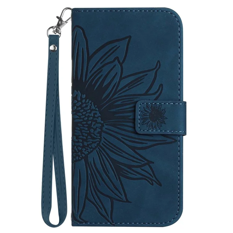 Para Samsung Galaxy A14 5G HT04 Impresión de la Caja Del Touch de la Piel Del Girasol Case de la Billetera de Cuero Con Correa Para la Mano - Azul Oscuro