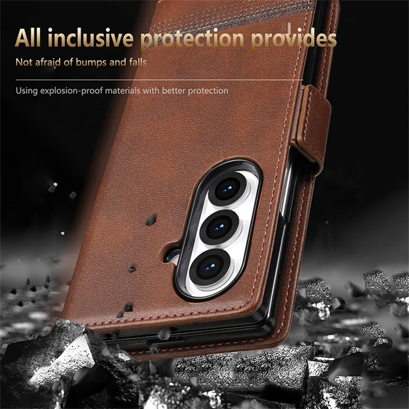 AZNS For Samsung Galaxy Z Fold7 5G Case Cowhide Texture PU Leather Wallet Phone Cover - Coffee
