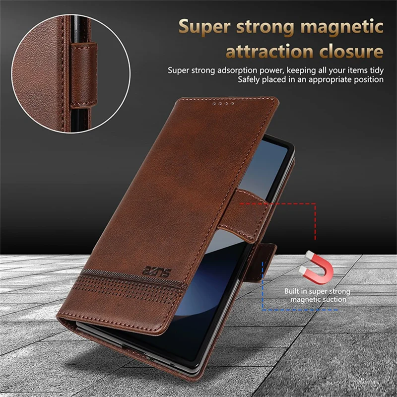 AZNS For Samsung Galaxy Z Fold7 5G Case Cowhide Texture PU Leather Wallet Phone Cover - Coffee