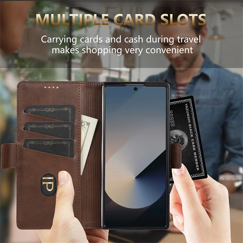 AZNS For Samsung Galaxy Z Fold7 5G Case Cowhide Texture PU Leather Wallet Phone Cover - Coffee