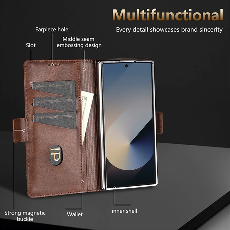AZNS For Samsung Galaxy Z Fold7 5G Case Cowhide Texture PU Leather Wallet Phone Cover - Coffee