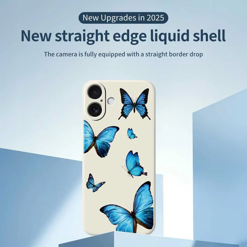Funda para iPhone 17 con Estampado de Mariposas Azules, Borde Recto, Cubierta Trasera de TPU - Beige