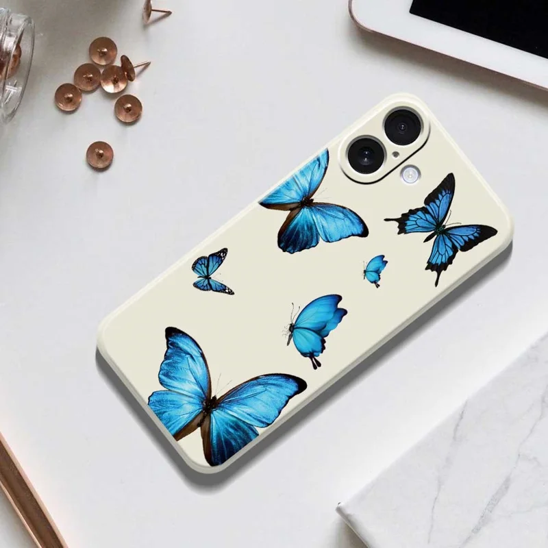Funda para iPhone 17 con Estampado de Mariposas Azules, Borde Recto, Cubierta Trasera de TPU - Beige