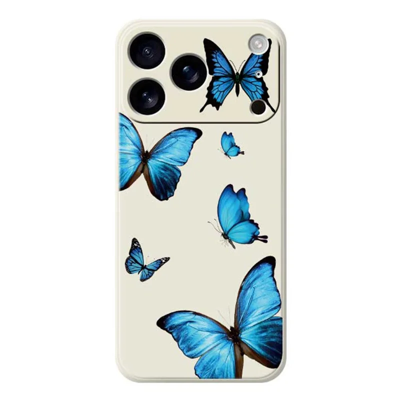 Чехол для iPhone 17 Pro Max с рисунком «Голубые бабочки» с прямым краем, TPU задняя крышка - Бежевый