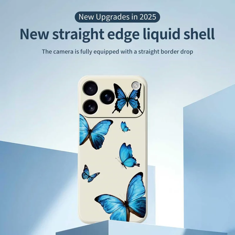 Чехол для iPhone 17 Pro Max с рисунком «Голубые бабочки» с прямым краем, TPU задняя крышка - Бежевый