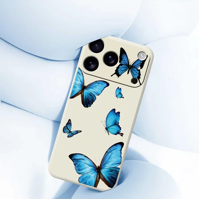Чехол для iPhone 17 Pro Max с рисунком «Голубые бабочки» с прямым краем, TPU задняя крышка - Бежевый