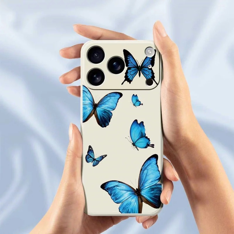 Чехол для iPhone 17 Pro Max с рисунком «Голубые бабочки» с прямым краем, TPU задняя крышка - Бежевый