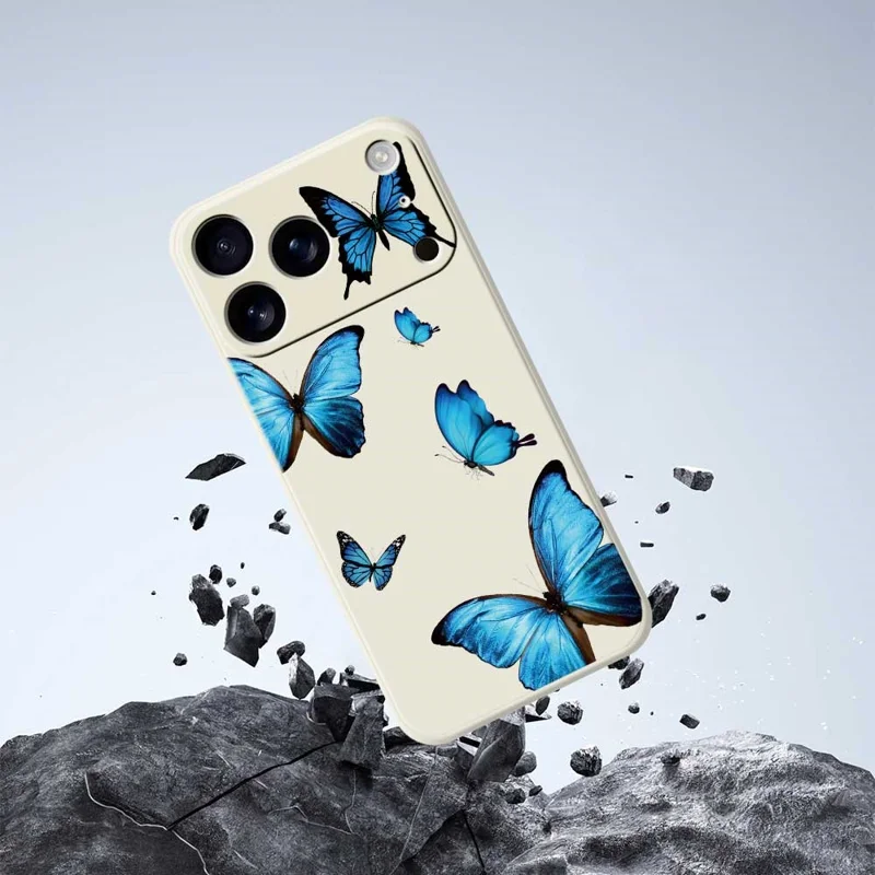 Чехол для iPhone 17 Pro Max с рисунком «Голубые бабочки» с прямым краем, TPU задняя крышка - Бежевый