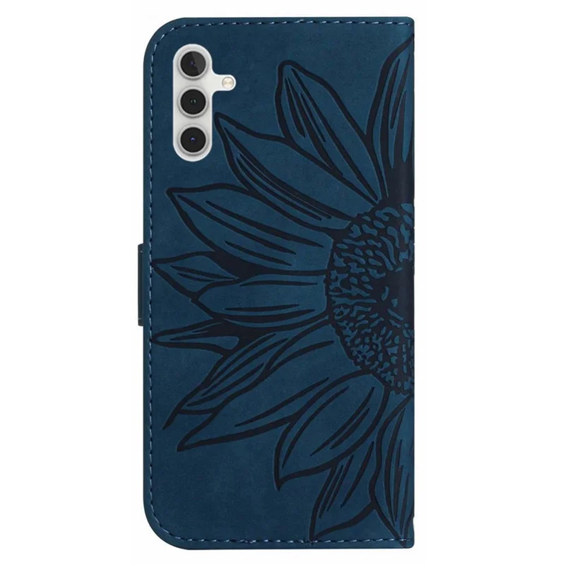 Para o Samsung Galaxy A14 5g HT04 Impresso Girassol PU Stand Stand Case Skin-Touch Magnetic Phone Cartlet Tampa Com Alça de Ombro - Azul Escuro