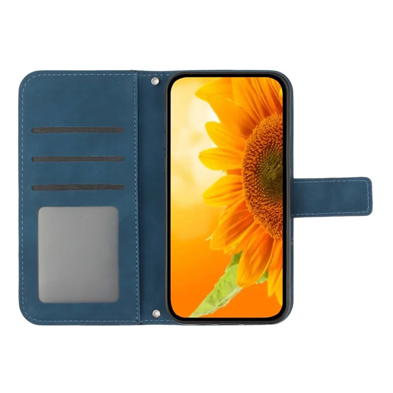 Para o Samsung Galaxy A14 5g HT04 Impresso Girassol PU Stand Stand Case Skin-Touch Magnetic Phone Cartlet Tampa Com Alça de Ombro - Azul Escuro