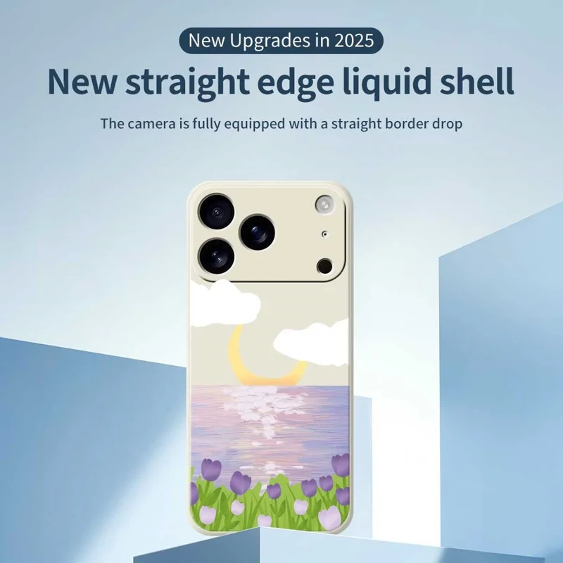 For iPhone 17 Pro Max Case Flowers and Sea Pattern Printing Straight Edge TPU Phone Back Cover - Beige