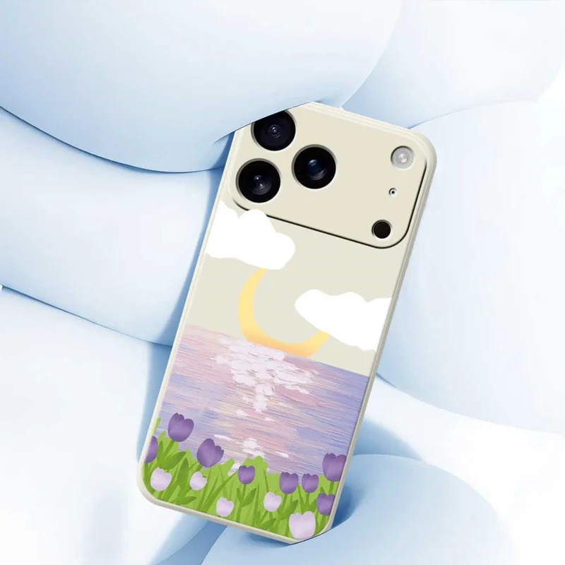 For iPhone 17 Pro Max Case Flowers and Sea Pattern Printing Straight Edge TPU Phone Back Cover - Beige