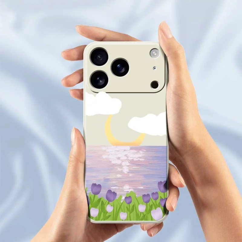 For iPhone 17 Pro Max Case Flowers and Sea Pattern Printing Straight Edge TPU Phone Back Cover - Beige