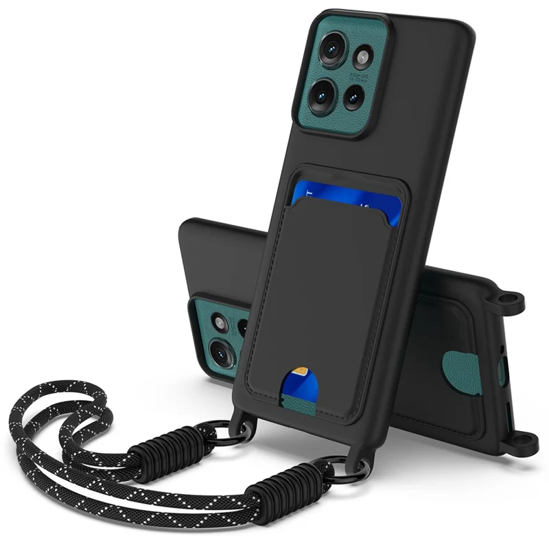 Pour Motorola Edge 50 5G Étui en silicone liquide Coque arrière de téléphone avec porte-cartes et courte dragonne - Noir