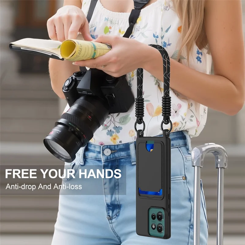 Pour Motorola Edge 50 5G Étui en silicone liquide Coque arrière de téléphone avec porte-cartes et courte dragonne - Noir