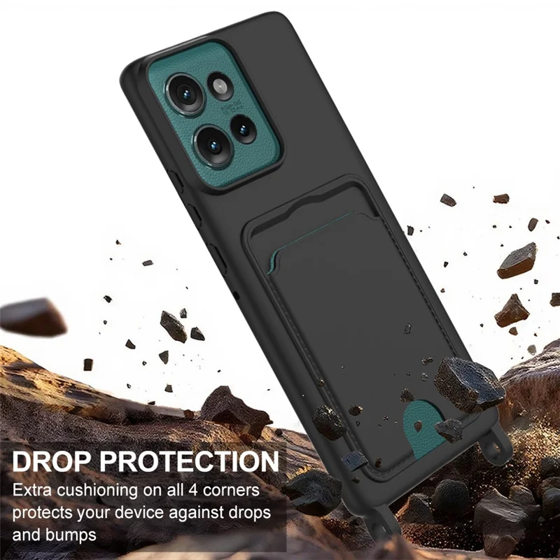 Pour Motorola Edge 50 5G Étui en silicone liquide Coque arrière de téléphone avec porte-cartes et courte dragonne - Noir