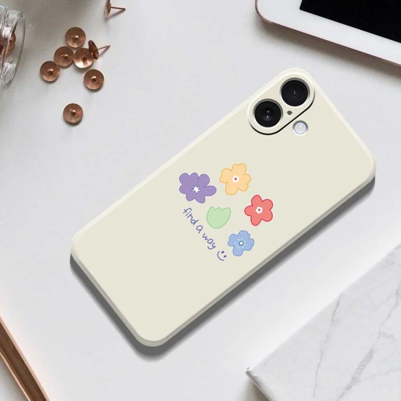 Étui pour iPhone 17 avec Motif de Cinq Couleurs de Fleurs, Impression sur Bord Droit, Coque Arrière en TPU - Beige