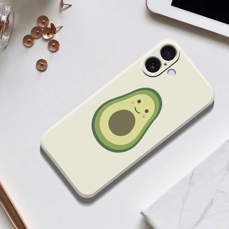 Capa para iPhone 17 com Estampa Fofa de Abacate, Borda Reta, Capa Traseira de TPU - Bege