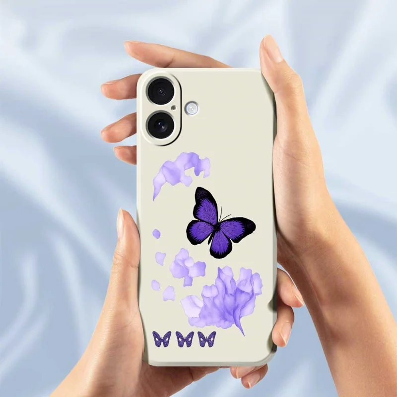 For iPhone 17 Case Purple Butterfly Pattern Printing Straight Edge TPU Phone Back Cover - Beige