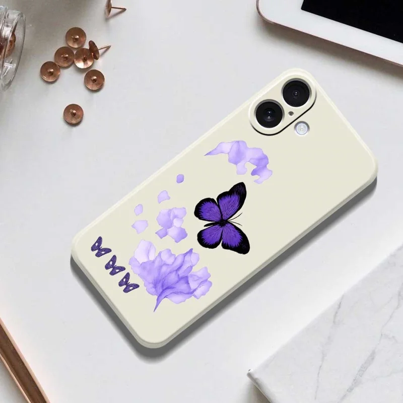 For iPhone 17 Case Purple Butterfly Pattern Printing Straight Edge TPU Phone Back Cover - Beige