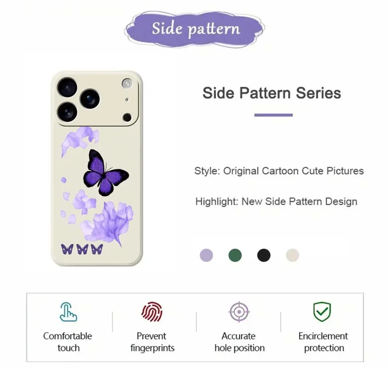 For iPhone 17 Pro Case Purple Butterfly Pattern Printing Straight Edge TPU Phone Back Cover - Beige
