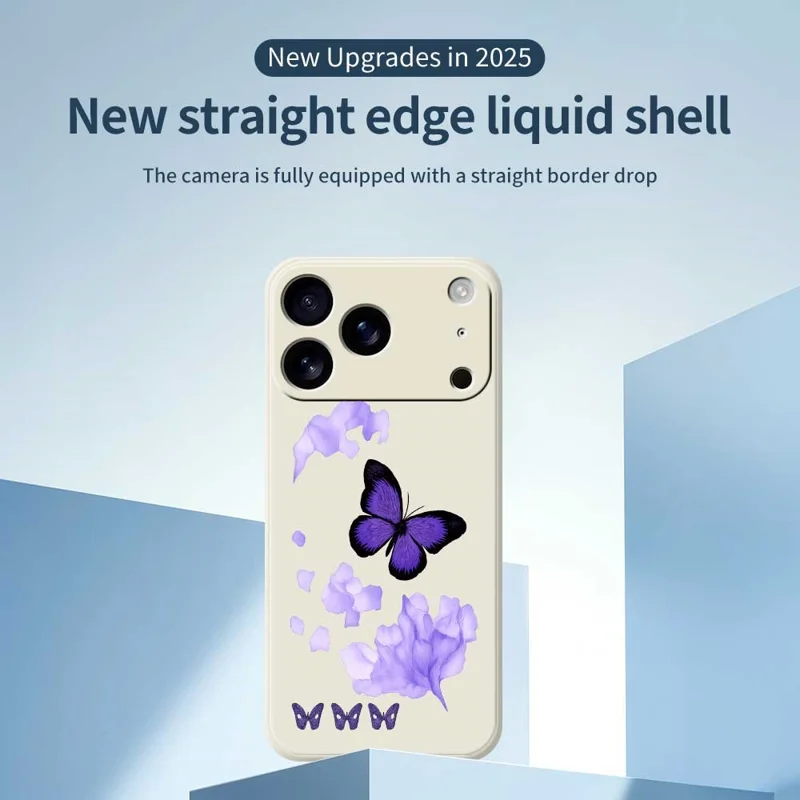 For iPhone 17 Pro Case Purple Butterfly Pattern Printing Straight Edge TPU Phone Back Cover - Beige