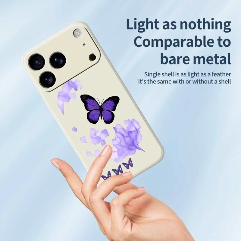 For iPhone 17 Pro Case Purple Butterfly Pattern Printing Straight Edge TPU Phone Back Cover - Beige