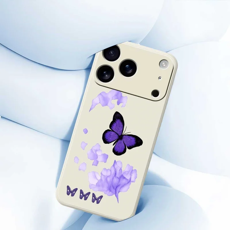 For iPhone 17 Pro Case Purple Butterfly Pattern Printing Straight Edge TPU Phone Back Cover - Beige