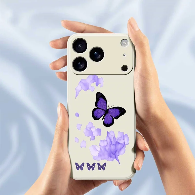 For iPhone 17 Pro Case Purple Butterfly Pattern Printing Straight Edge TPU Phone Back Cover - Beige