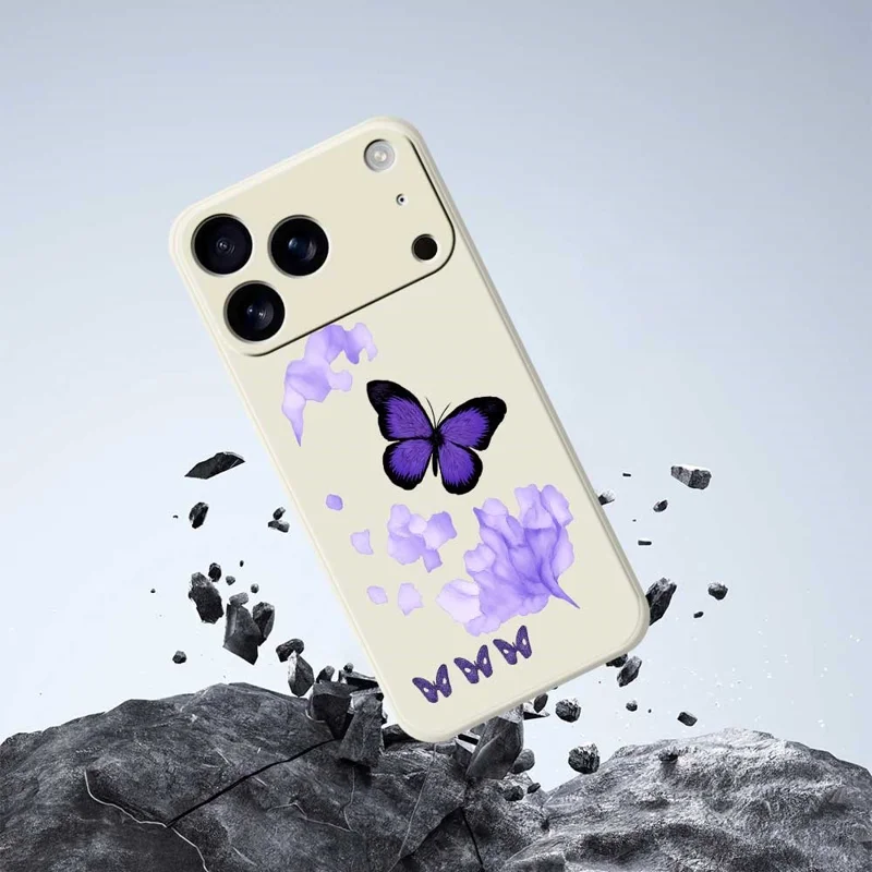 For iPhone 17 Pro Case Purple Butterfly Pattern Printing Straight Edge TPU Phone Back Cover - Beige
