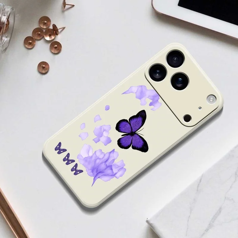 For iPhone 17 Pro Case Purple Butterfly Pattern Printing Straight Edge TPU Phone Back Cover - Beige