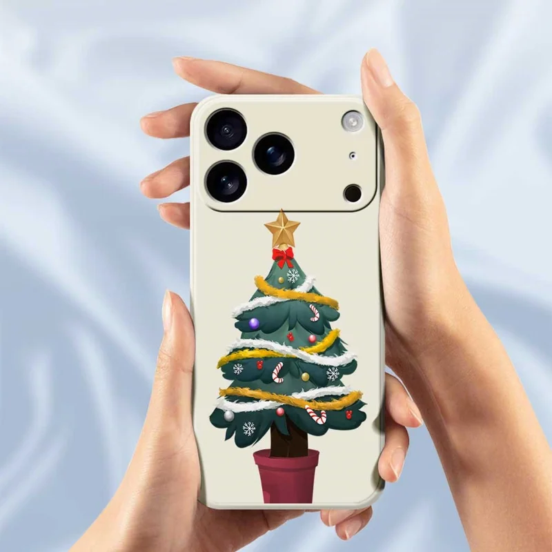 For iPhone 17 Pro Case Christmas Tree Potted Plants Pattern Printing Straight Edge TPU Phone Back Cover - Beige