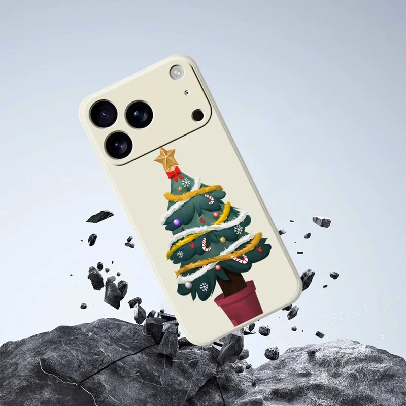 For iPhone 17 Pro Case Christmas Tree Potted Plants Pattern Printing Straight Edge TPU Phone Back Cover - Beige