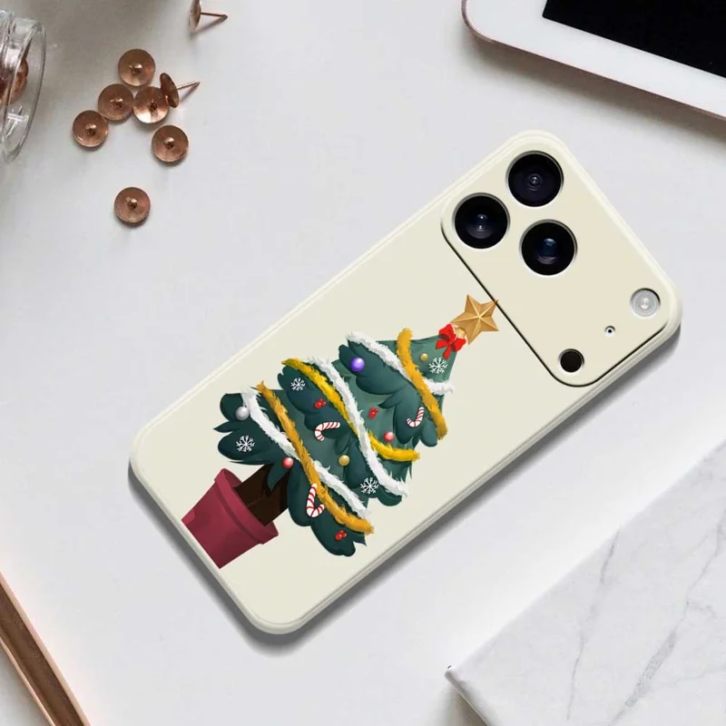 For iPhone 17 Pro Case Christmas Tree Potted Plants Pattern Printing Straight Edge TPU Phone Back Cover - Beige
