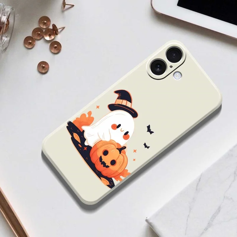 Funda para iPhone 17 Estampado de Fantasma de Halloween Calabaza Borde Recto Cubierta Trasera de Teléfono TPU - Beige