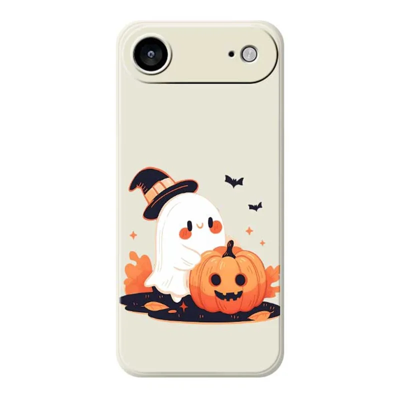 Funda de Aire para iPhone 17 con Patrón de Fantasma y Calabaza de Halloween, Impresión en Borde Recto, Carcasa Trasera de TPU - Beige