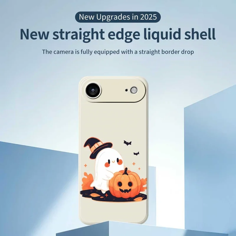 Funda de Aire para iPhone 17 con Patrón de Fantasma y Calabaza de Halloween, Impresión en Borde Recto, Carcasa Trasera de TPU - Beige